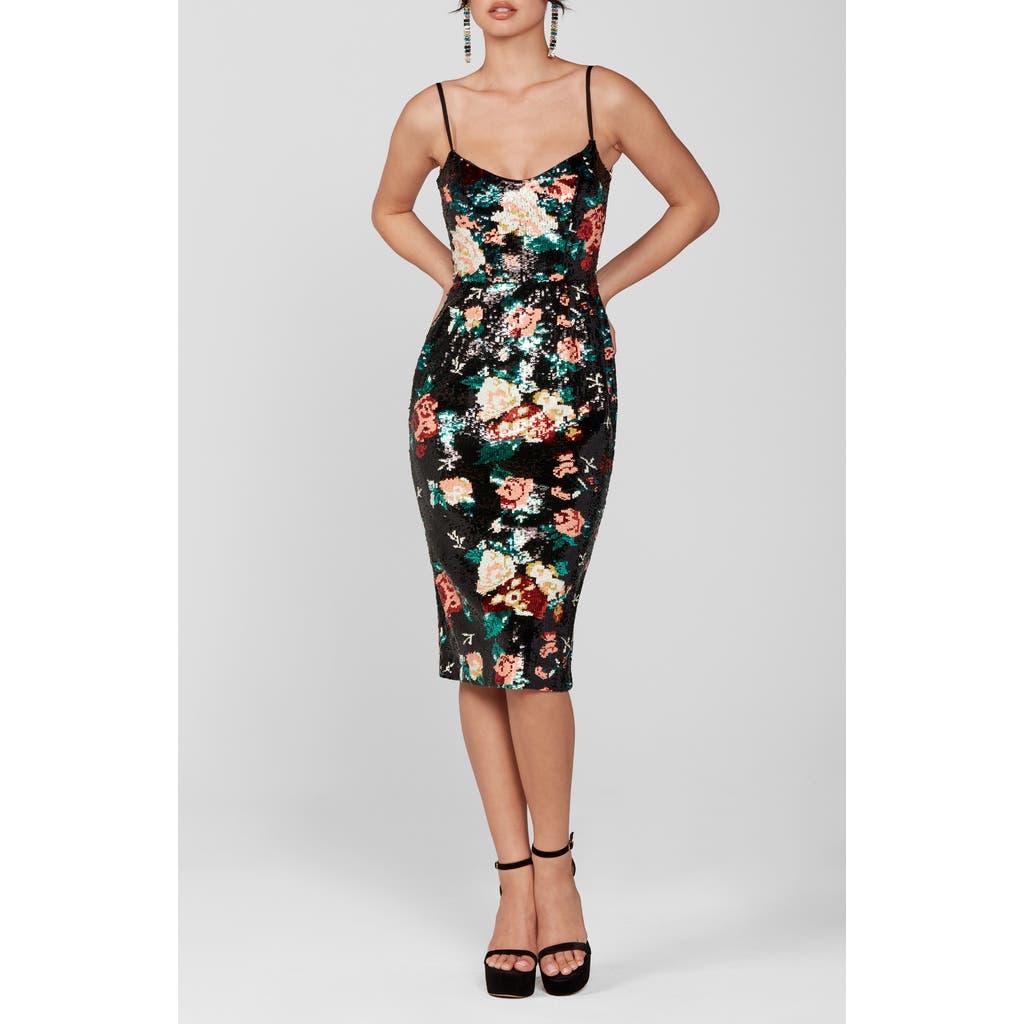 HELSI Hayden Sequin Midi Cocktail Dress in Black Floral