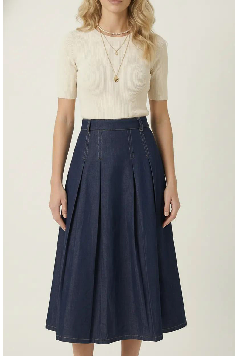 High Waist Pleated Detail A-Line Midi Skirt, Alternate, color, Navy Blue