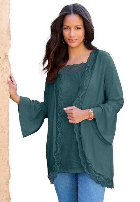 Lace-Detailed Cardigan and Tank Set (Plus)
