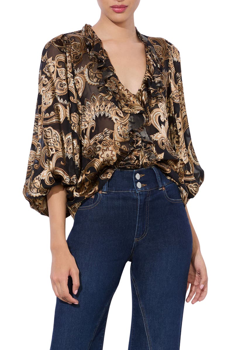 Alice + Olivia Betsie Print Ruffle Top, Main, color, Spring Paisley Black