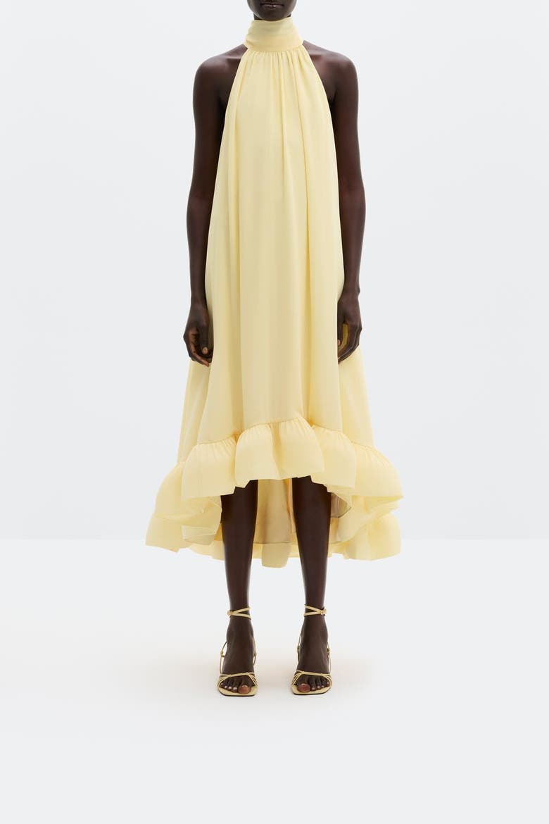 Sabrina Halterneck Ruffled Midi Dress, Alternate, color, Light Lemon