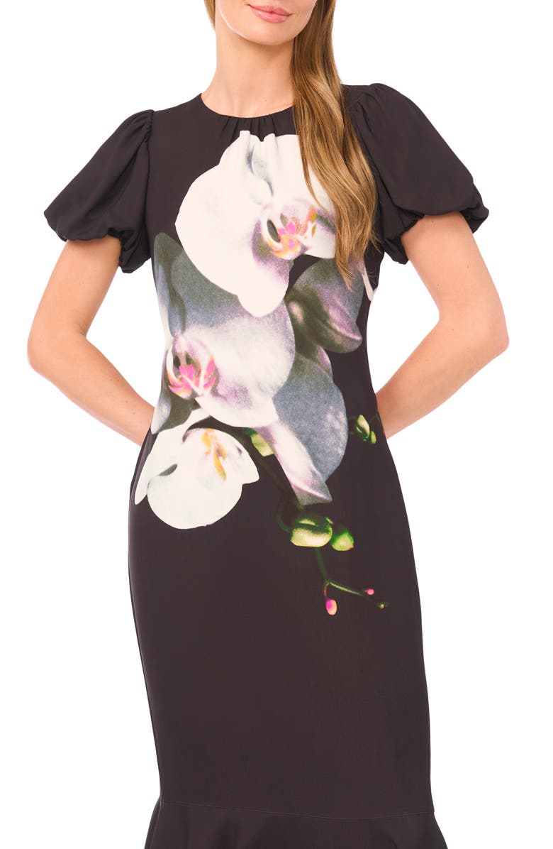 Ted Baker Placed Floral Puff Sleeve Midi Dress, Alternate, color, Rich Black