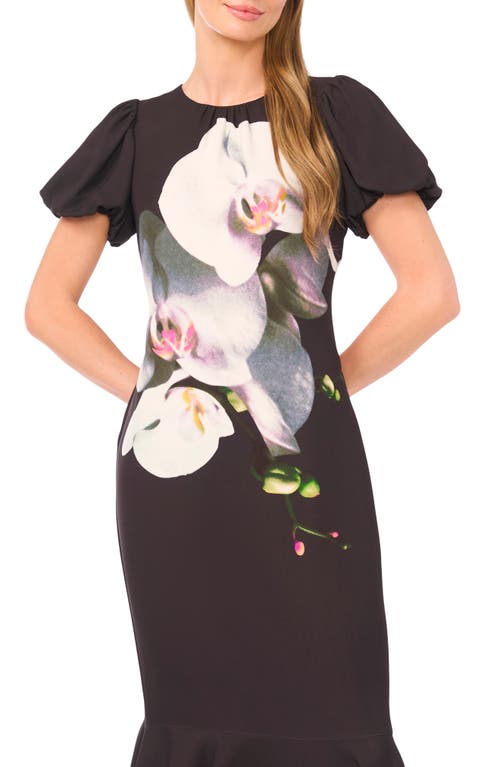 Ted Baker Placed Floral Puff Sleeve Midi Dress In Black