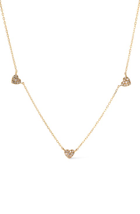 Gold Heart Necklace - Diamond Heart Station Necklace