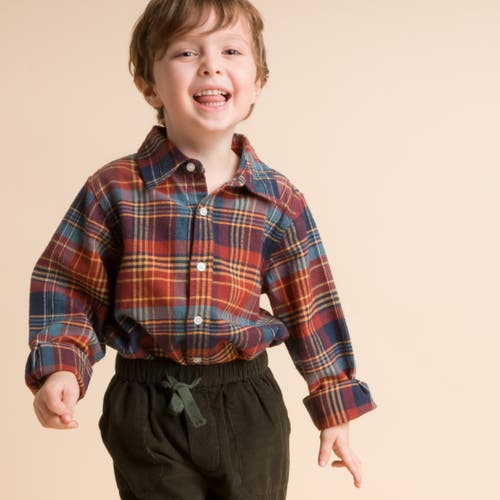 Beet World Boys Collar Shirt In Rust Plaid
