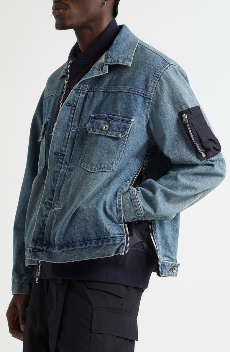 Sacai Layered Mixed Media Trucker Jacket, Alternate, color, Light Blue