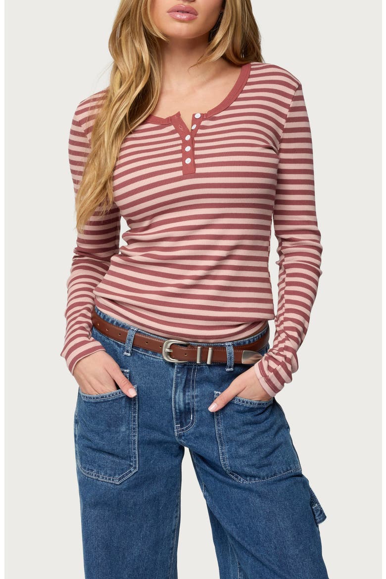 Roma Stripe Rib Henley Top, Main, color, PINK