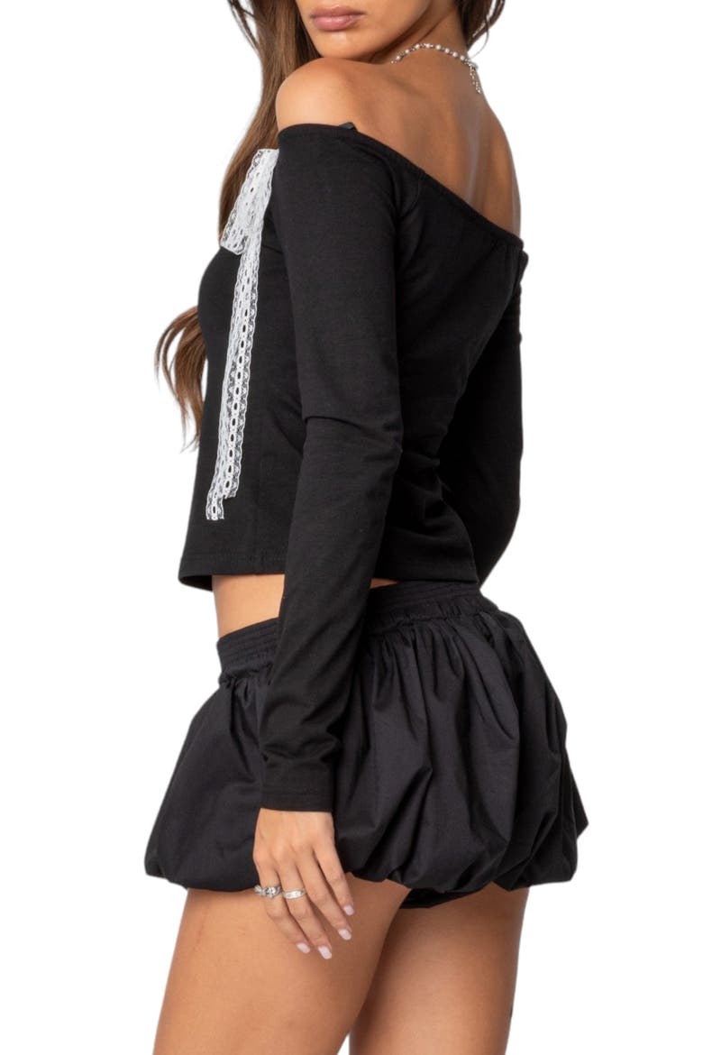 Lace Bow Detail Off the Shoulder Top, Alternate, color, BLACK