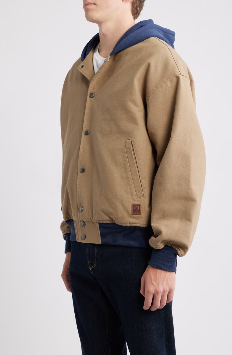 Brixton Hooded Cotton Canvas Bomber Jacket, Alternate, color, Khaki/ Mood Indigo