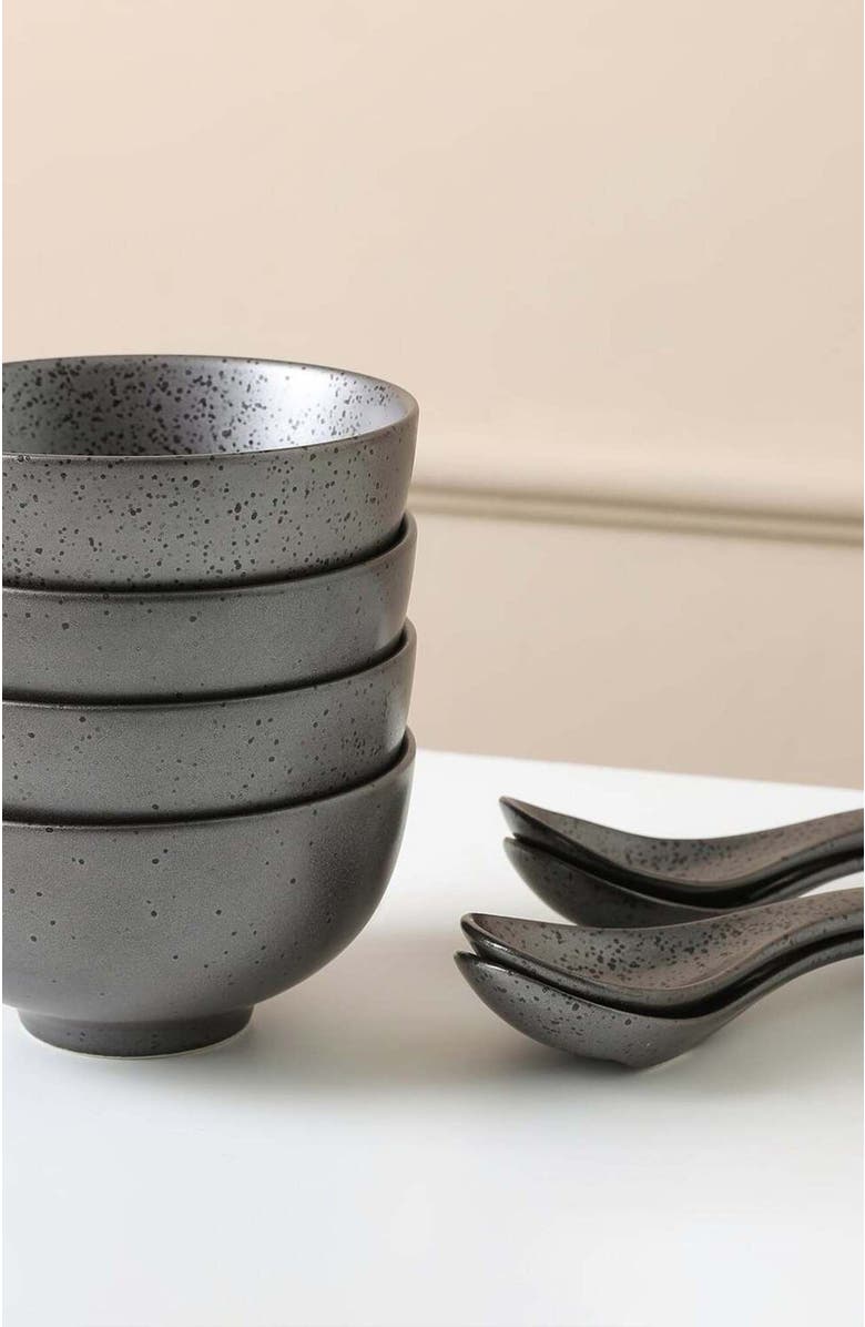 Stone Lain Valencia Porcelain 8-Piece Bowl and Spoon Set, Alternate, color, Metallic Grey