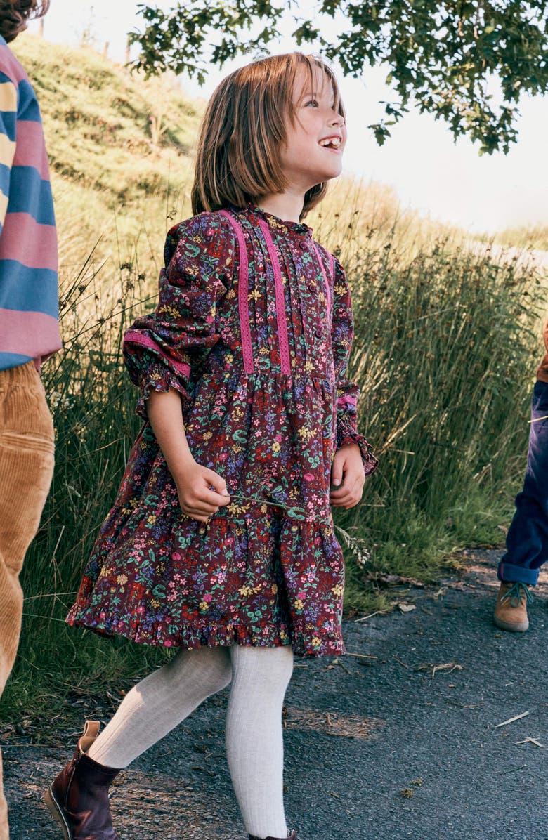 Mini Boden Kids' Floral Print Lace Trim Dress, Alternate, color, Chestnut Flower Meadow