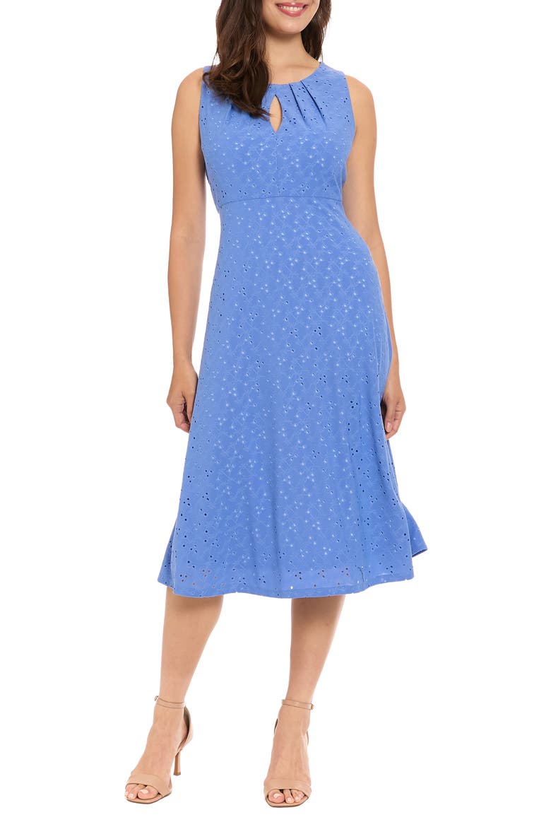 Eyelet Keyhole Fit & Flare Midi Dress, Main, color, GRANADA SKY