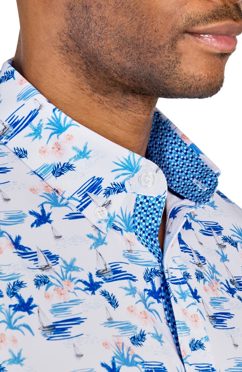 CONSTRUCT Slim Fit Sailboat Recycled 4-Way Stretch Performance Short Sleeve Shirt, Alternate, color, White/Blue