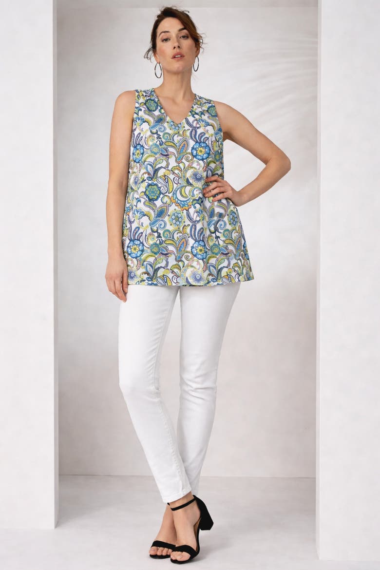 Stretch Cotton V-Neck Trapeze Tank, Alternate, color, WHITE MULTI PAISLEY