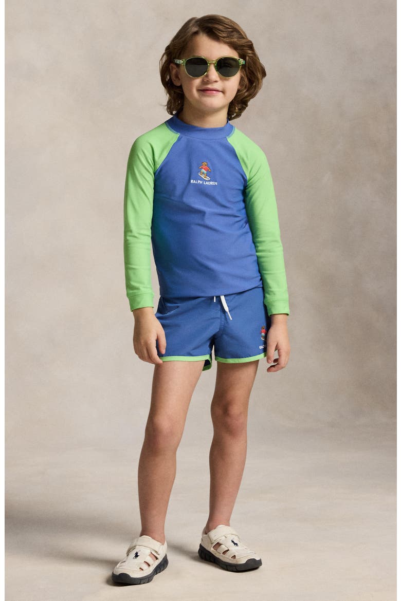 Kids' Embroidered Polo Bear Swim Trunks, Alternate, color, BAI BLUE