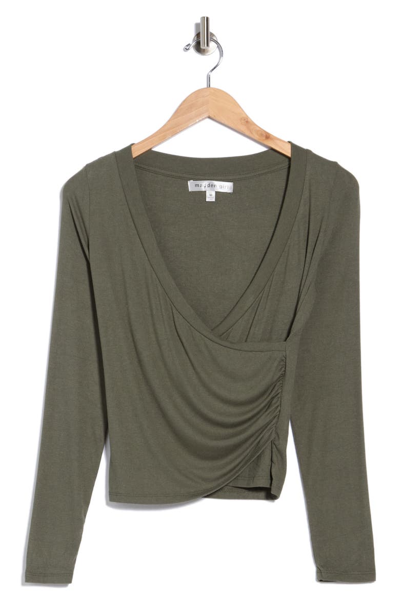 Long Sleeve Faux Wrap Crop Top, Main, color, OLIVE