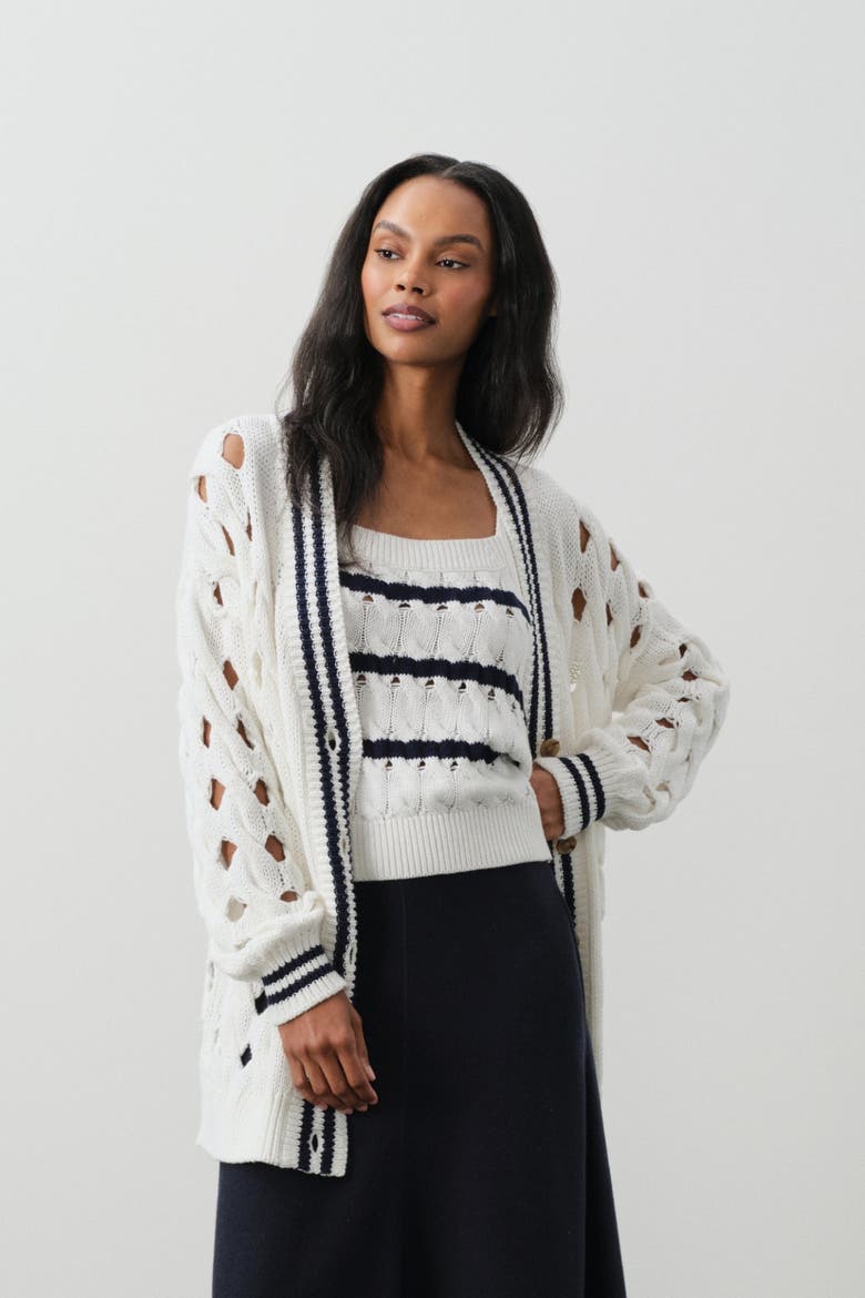 Mirra Oversized Cable Knit Cardigan, Main, color, TENNIS WHITE/CLUB BLUE