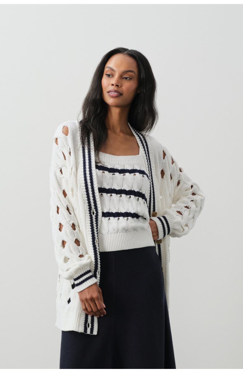 NAKED CASHMERE Mirra Oversized Cable Knit Cardigan, Main, color, Tennis White/Club Blue
