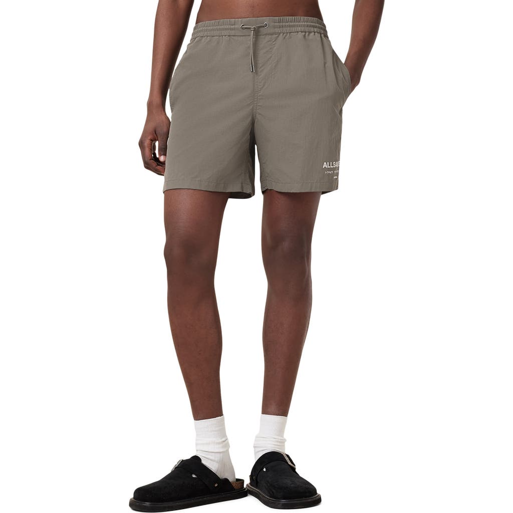 Allsaints Underground Logo Print Swim Trunks In Ash Khaki Green