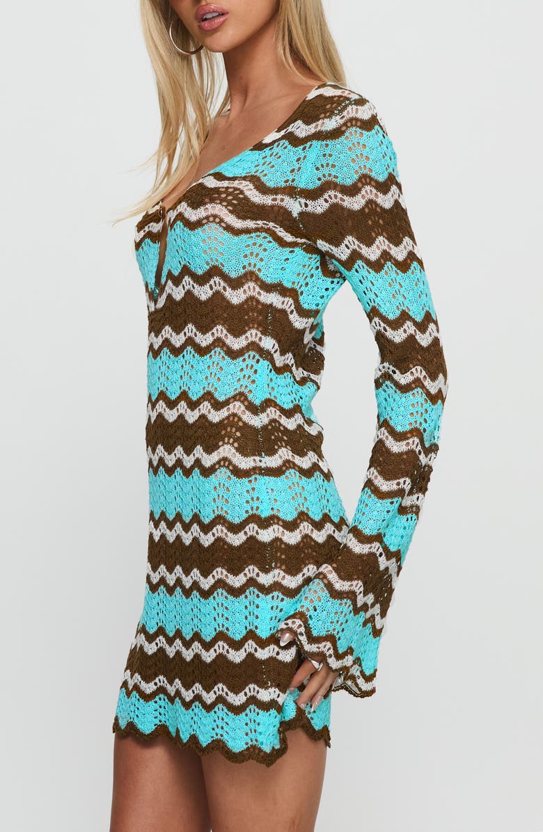 Princess Polly Suka Open Stitch Long Sleeve Minidress, Alternate, color, Brown / Blue