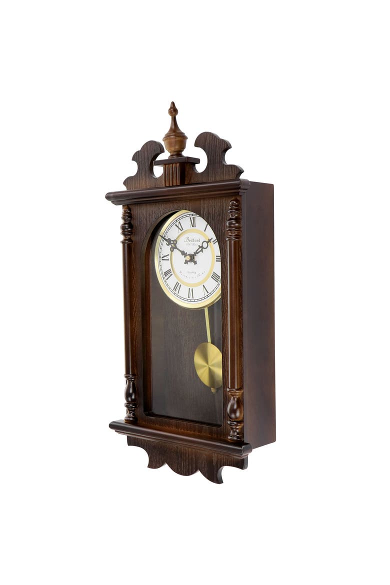 Leo 21in Chestnut Wood Chiming Pendulum Wall Clock, Alternate, color, Chestnut