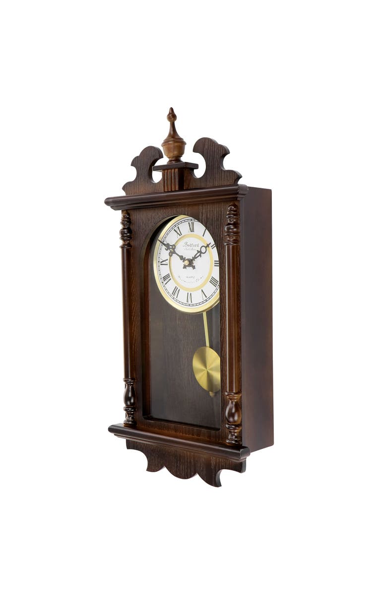 Bedford Clock Collection Leo 21in Chestnut Wood Chiming Pendulum Wall Clock, Alternate, color, Chestnut