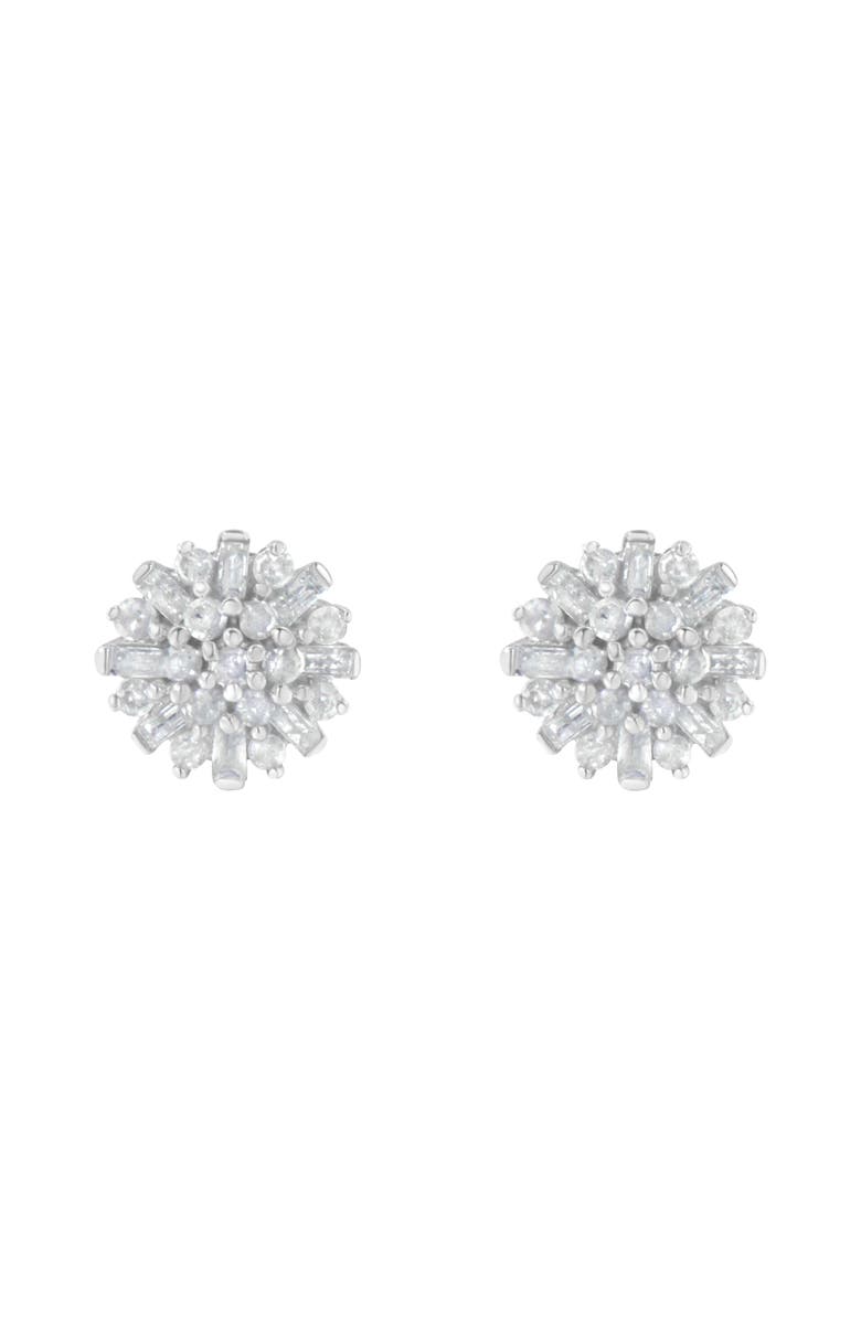 Haus of Brilliance Silver 1/2 Round and Baguette Diamond Sunburst Floral Cluster Stud Earrings, Alternate, color, White