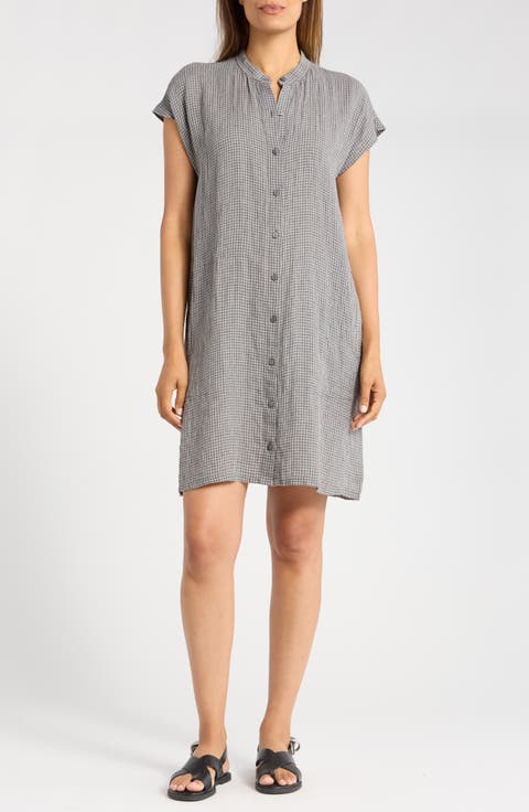 Gingham Cap Sleeve Organic Linen Shirtdress