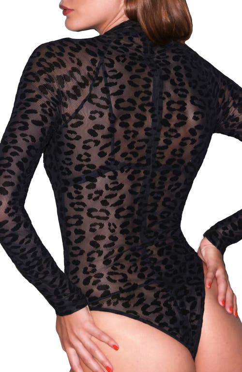 Fleur Du Mal Leopard Flocked Long Sleeve Sheer Bodysuit In Black
