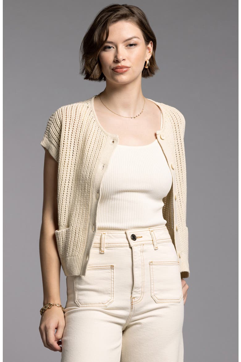 Violette Short Sleeve Linen & Cotton Cardigan, Alternate, color, BONE