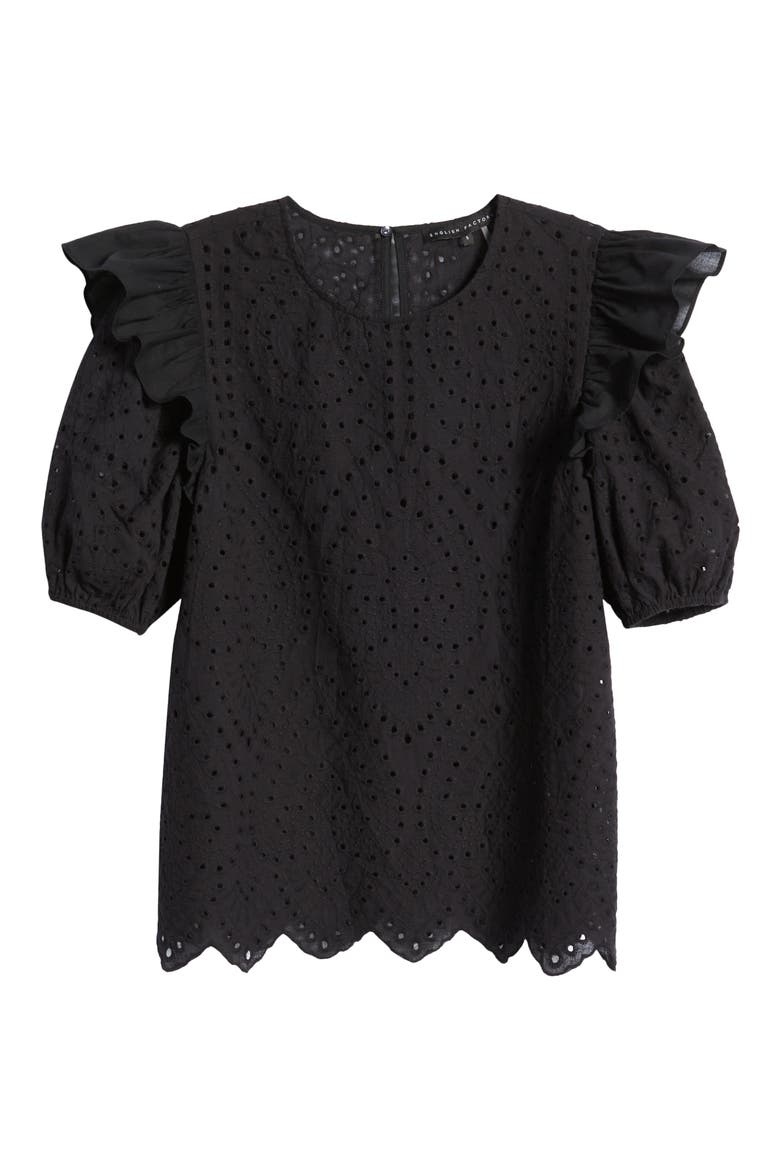 Ruffle Puff Sleeve Cotton Eyelet Top, Alternate, color, BLACK