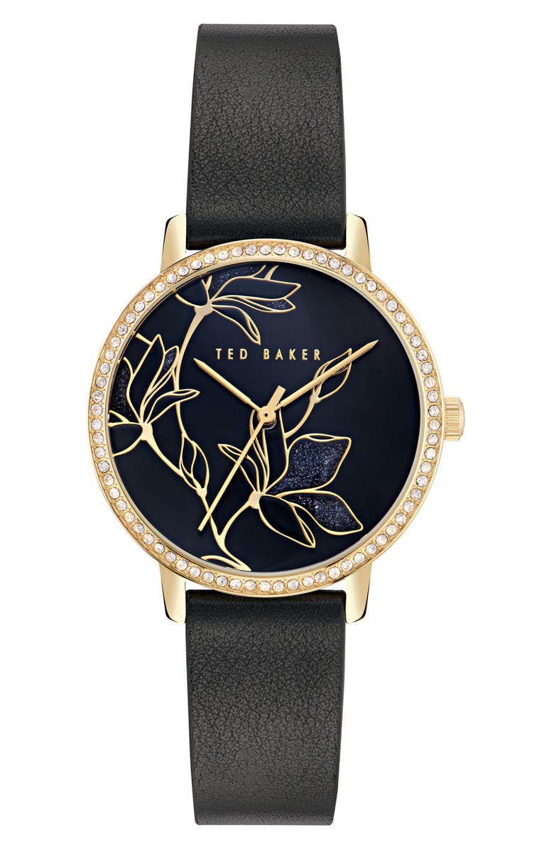 Ted Baker Floral Leather Strap Watch, 36mm, Main, color, Black