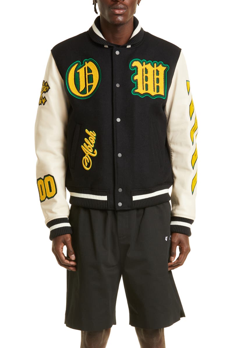 Off-White Stretch Wool Blend & Leather Varsity Jacket, Main, color, 