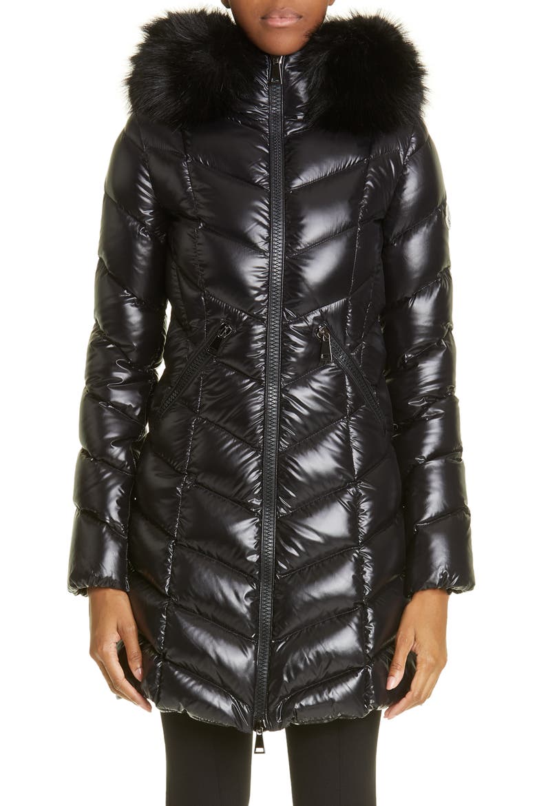 Fulmarre Quilted Down Coat with Faux Fur Trim, Main, color, BLACK