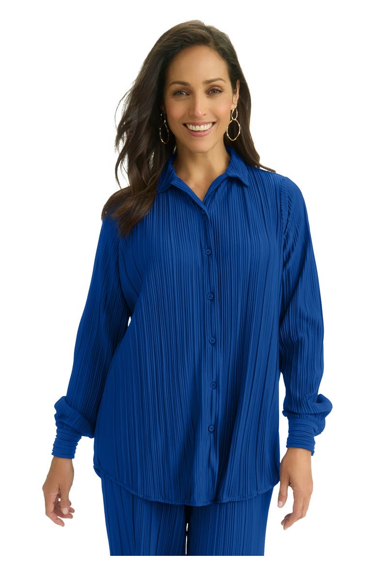 Plisse Button-Front Blouse, Main, color, DARK SAPPHIRE