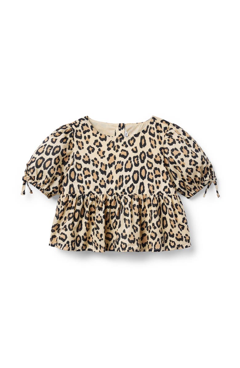 Janie and Jack Leopard Puff Sleeve Peplum Top, Main, color, Beige
