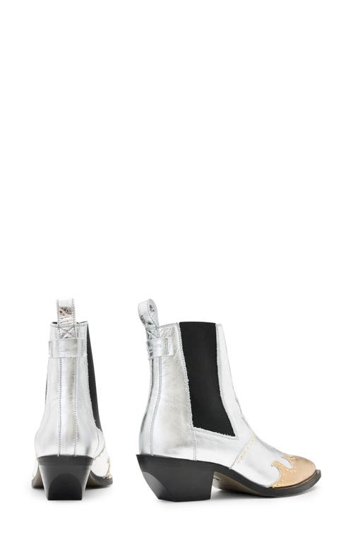 Allsaints Dellaware Pointed Leather Western Boots In Silver/gold