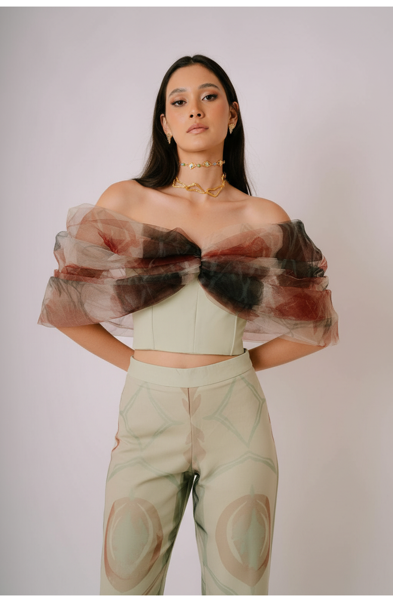 San Malo Tessa Tulle Bow Corset, Alternate, color, Green