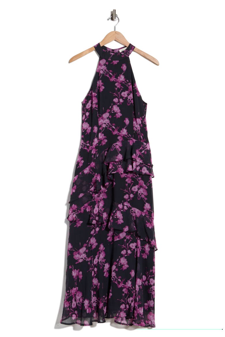 Floral Halter Neck Ruffled Maxi Dress, Main, color, BLACK FUCHSIA
