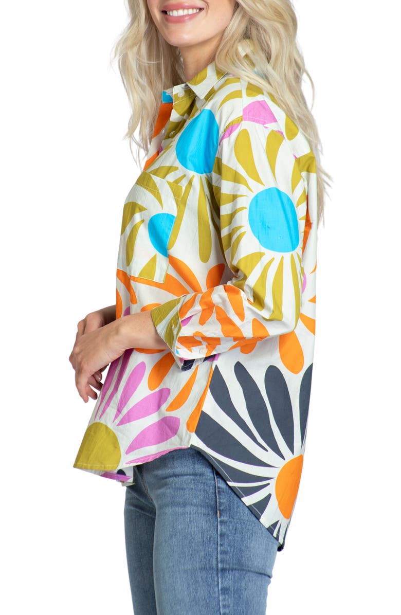 APNY Oversize Feather Print Button-Up Shirt, Alternate, color, White/ Orange Multi