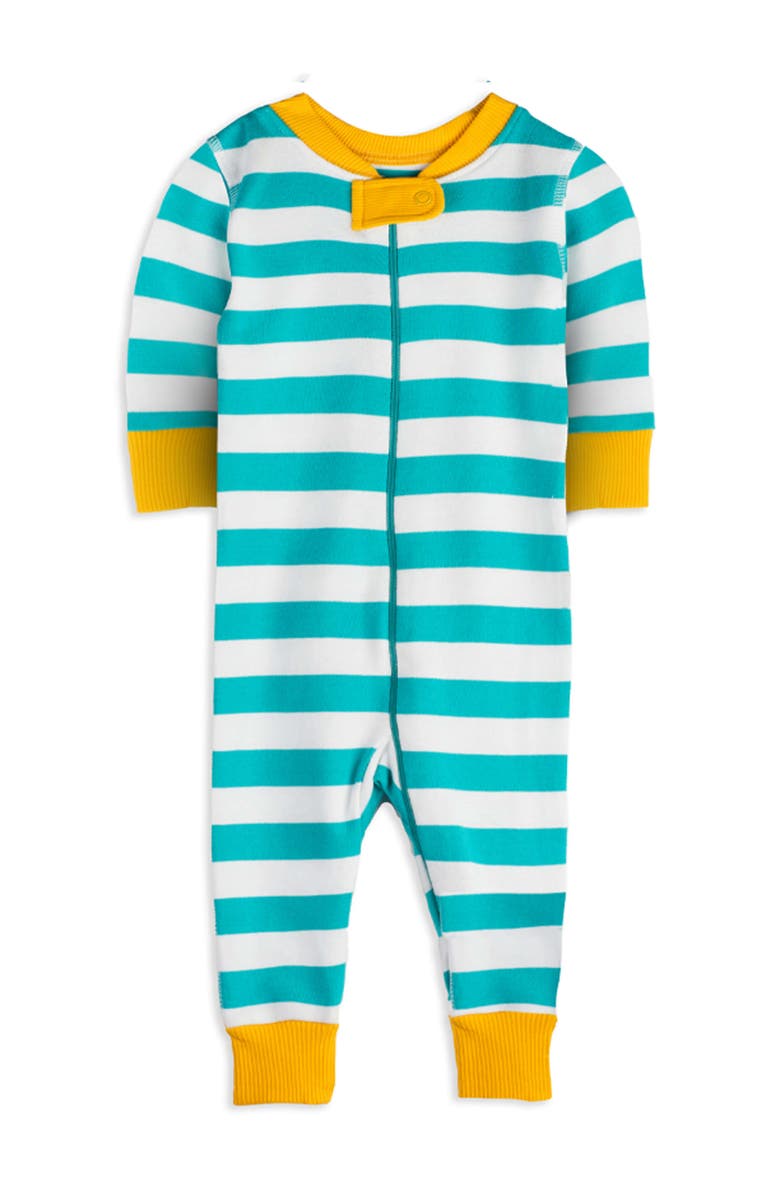 Mightly 100% Organic Cotton Stripe Snug Fit Baby Pajamas, Main, color, Teal Stripe