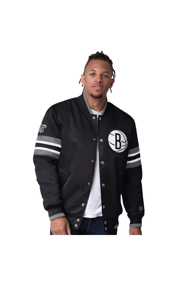 Men's Starter Black Brooklyn Nets Scout Varsity Satin Full-Snap Jacket, Alternate, color, Black