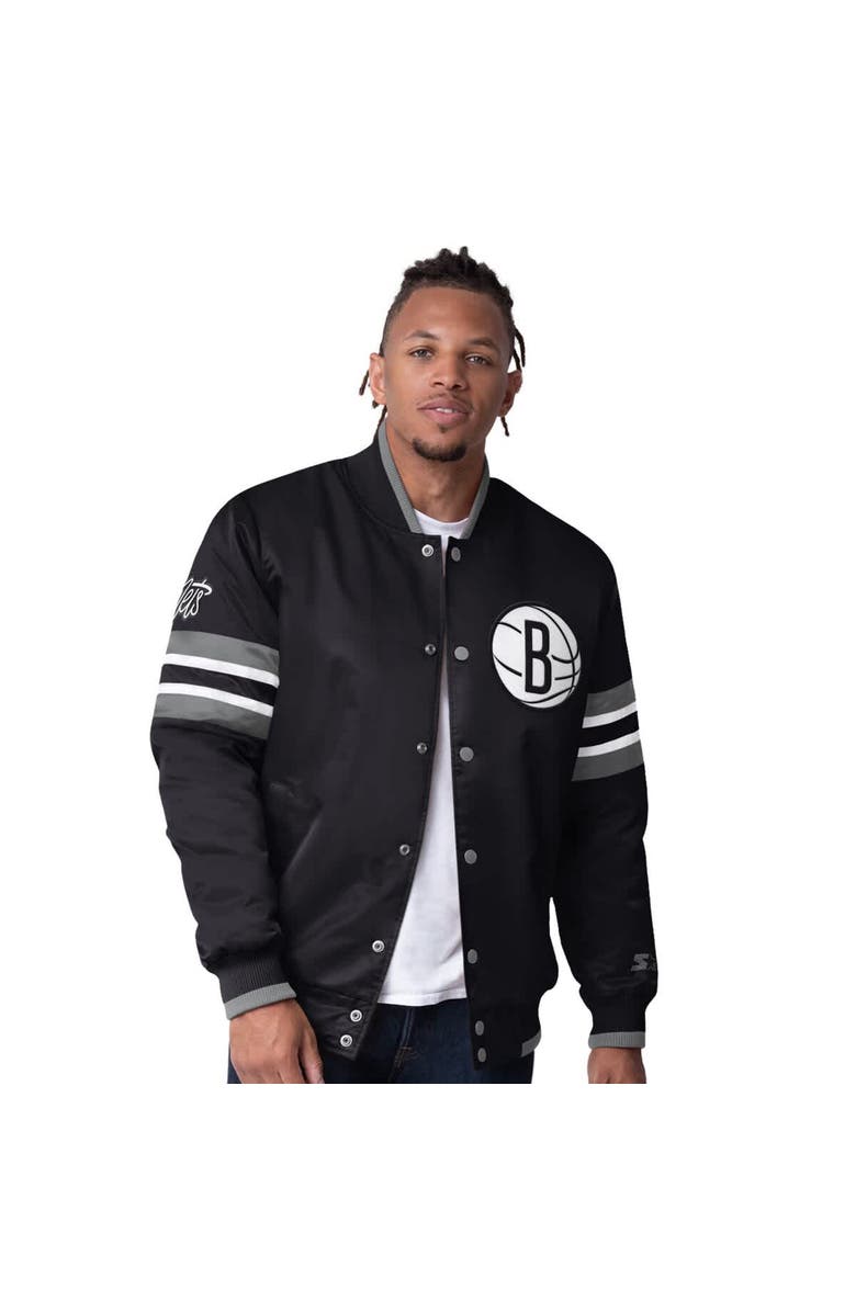 STARTER Men's Starter Black Brooklyn Nets Scout Varsity Satin Full-Snap Jacket, Alternate, color, Black