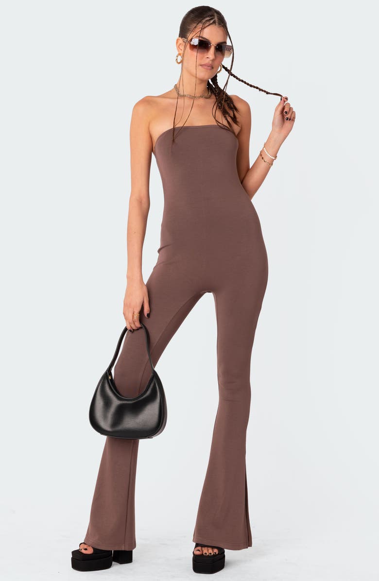 EDIKTED Melina Strapless Flared Split Hem Jumpsuit, Alternate, color,