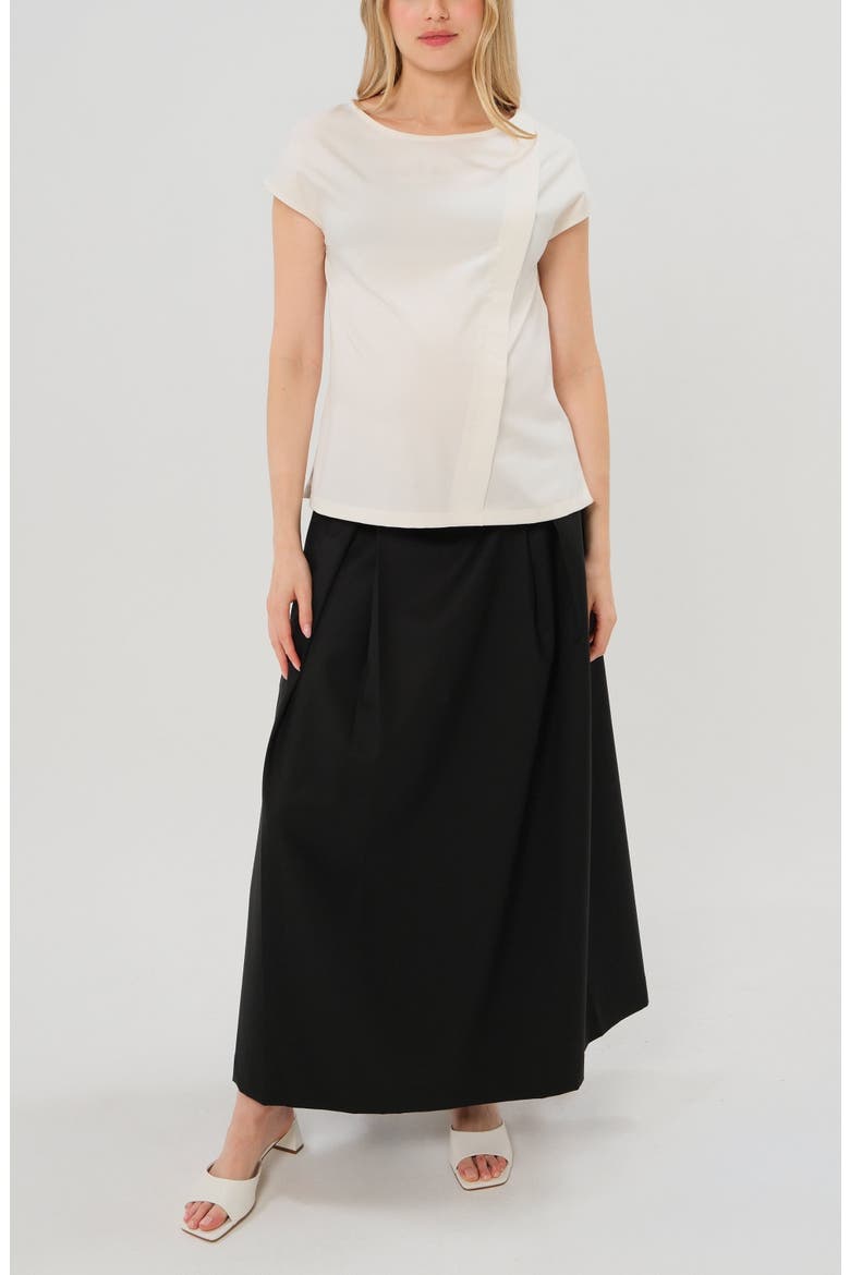 Women's Over-Under Bump Pleated Maternity Maxi Skirt in Cream Satin, Alternate, color, Black