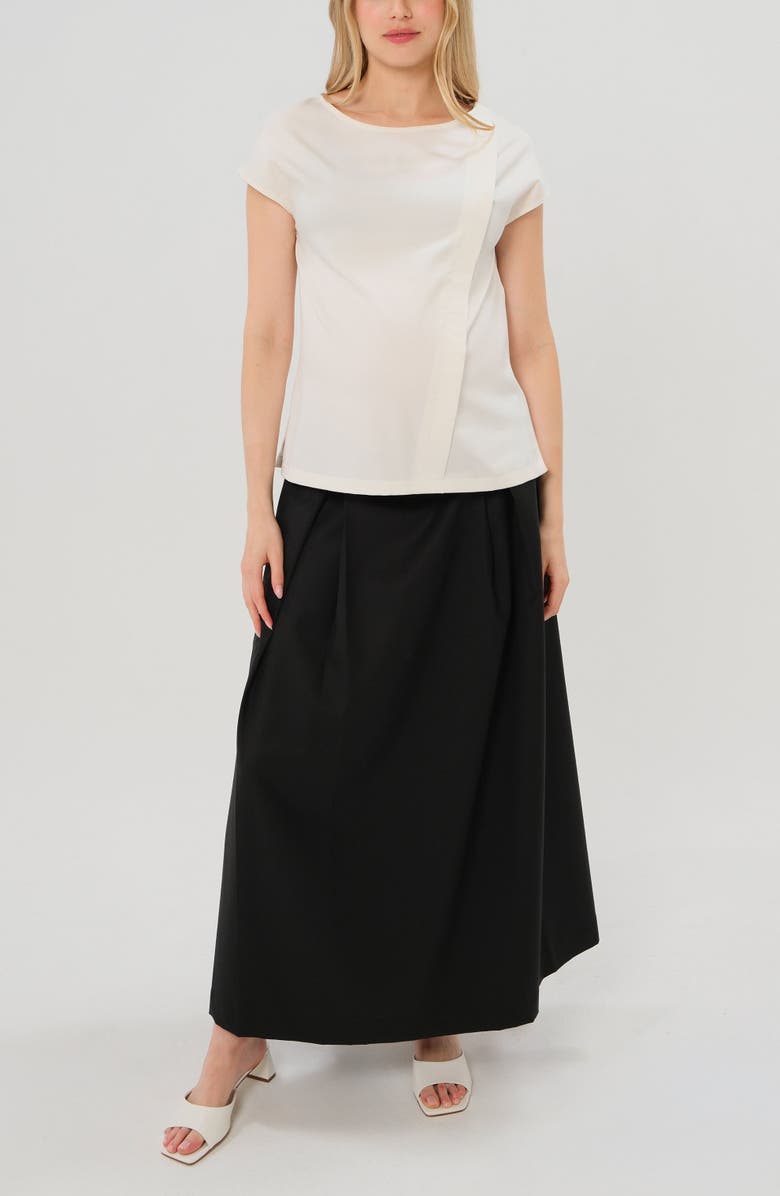 Marion Women's Over-Under Bump Pleated Maternity Maxi Skirt in Cream Satin, Alternate, color, Black