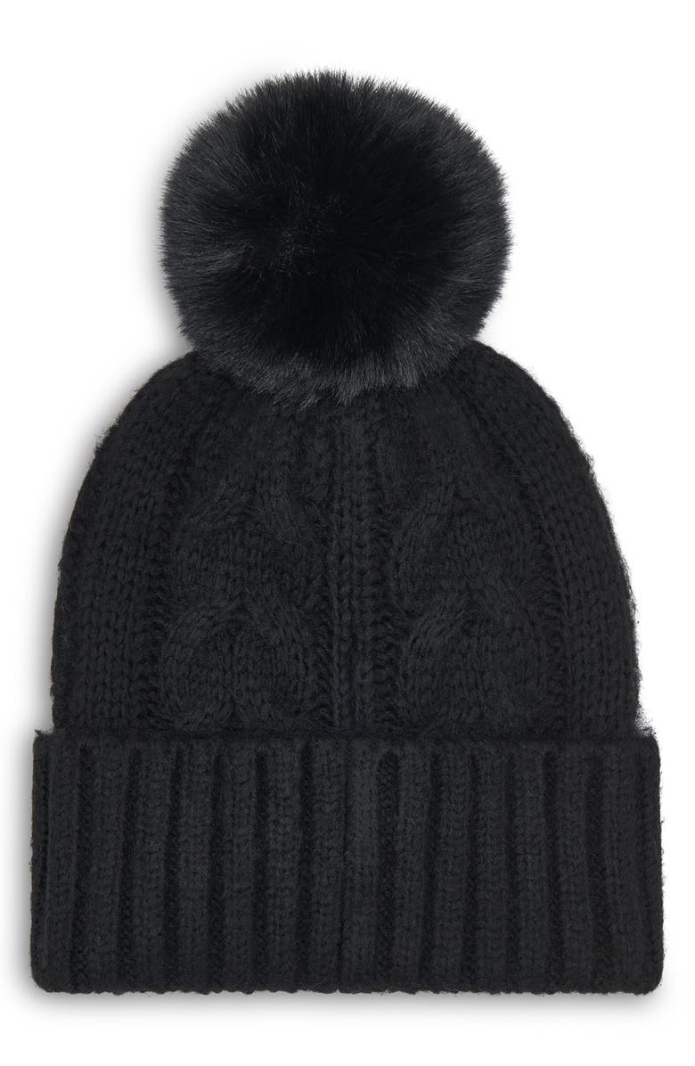 Calvin Klein Faux Fur Pompom Beanie, Alternate, color, Black