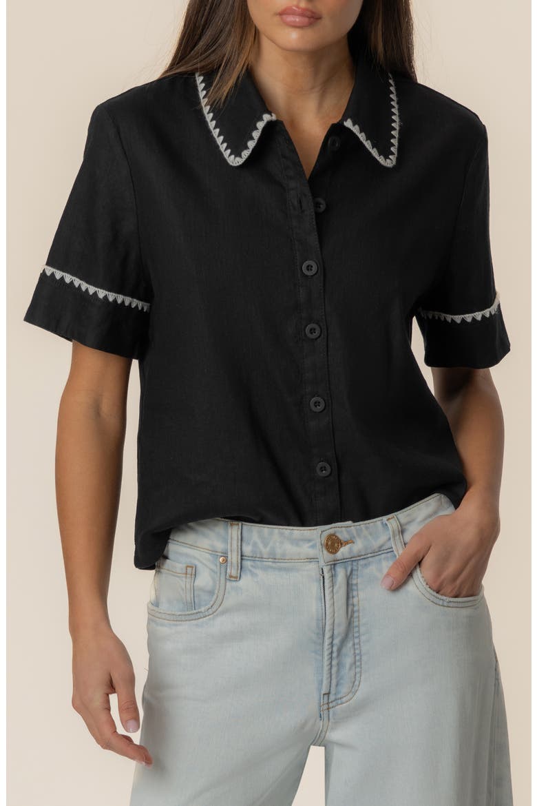 Marisol Linen Blend Button-Up Shirt, Main, color, BLACK/ WHITE