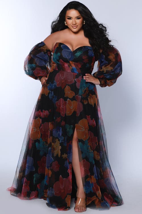 Sydney's Closet Floral Strapless Sweetheart Neckline Plus Size A-line Gown In Multi Floral
