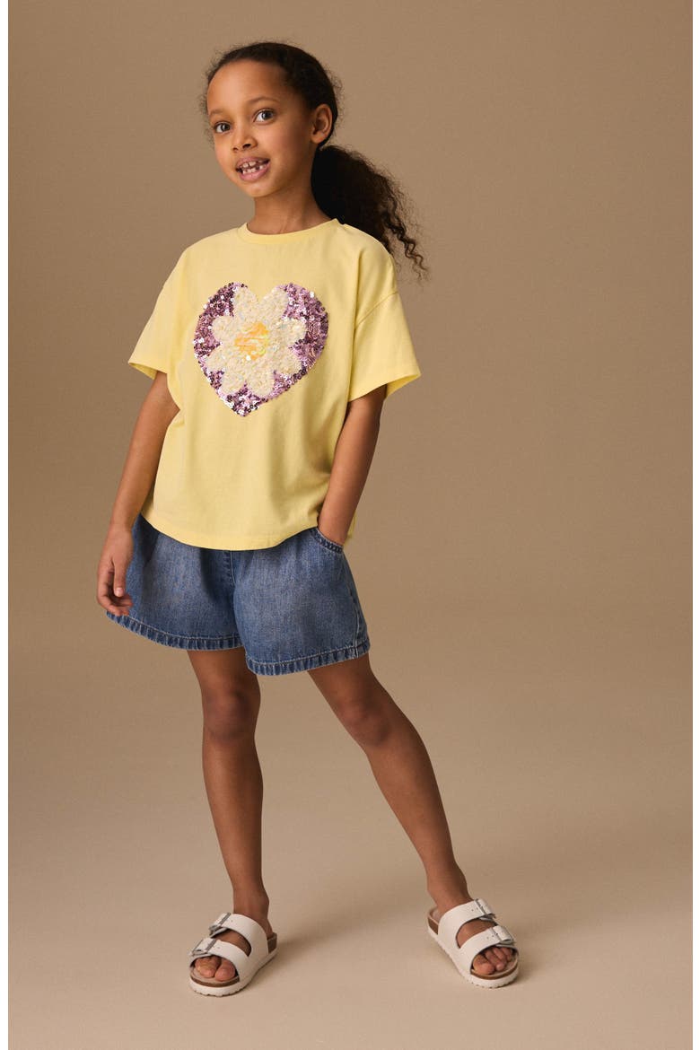 Kids' Daisy Heart Sequin Cotton T-Shirt, Alternate, color, YELLOW